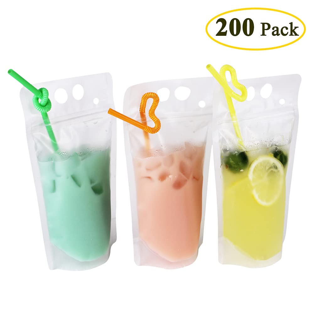 Belinlen 200 Pack 9.1 X 5.2 Inch/17 Ounce 8Mil Clear Drink Pouches With Heavy Duty Hand-Held Translucent Reclosable Zipper Stand
